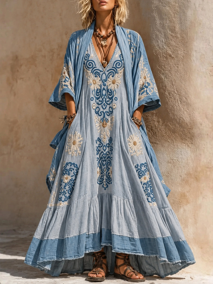 Retro Style Art Printed Vintage Camisole Dress Long Sleeve Two-Piece Maxi Dress